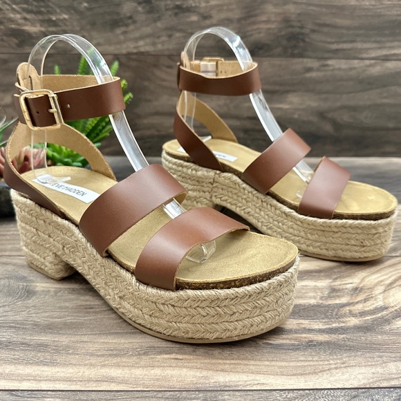 NIB Steve Madden Kelton Espadrille Platform Ankle Strap Sandal Cognac Leather - Picture 5 of 13